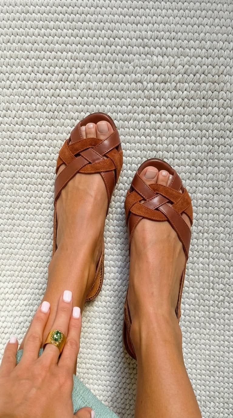 Sandales slingback basses Marron à bout ouvert et brides croisées