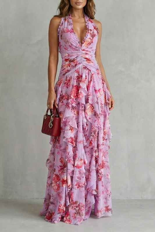 Belladina | Romántica Cascada de Roses Robe Long à Col Américain