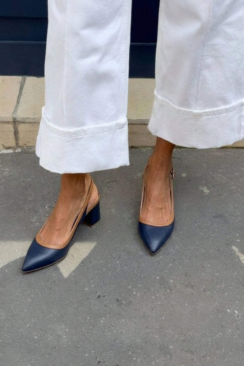 Talons carrés slingback bicolores Bleu marine à punta