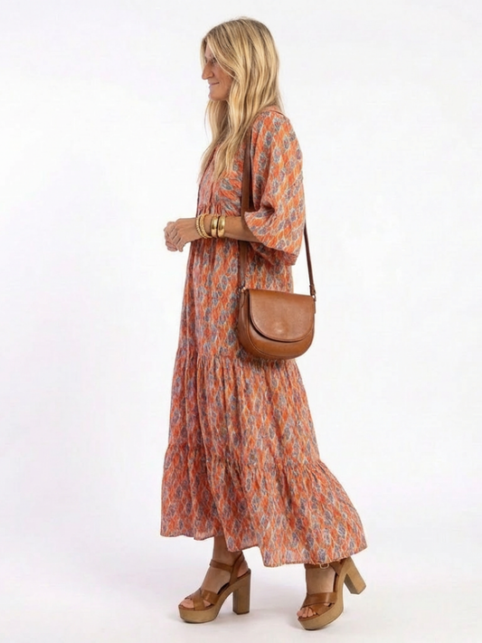 Amara | Robe Midi de Volants à Col en V de Imprimé Géométrique