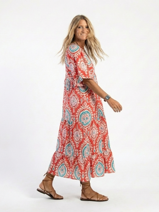 Zaria | Robe Midi de Manche courte à Col en V Imprimé Cachemir
