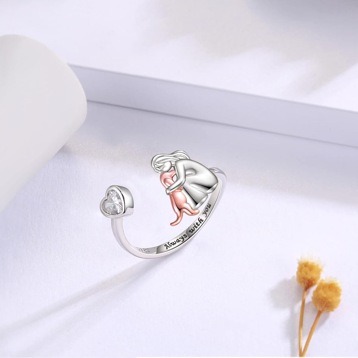 Bague ajustable pour chien en argent sterling 925 – « Toujours dans mon cœur » avec zircone