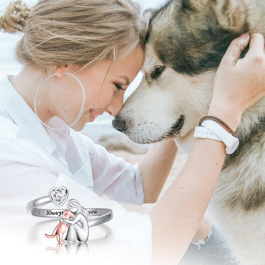 Bague ajustable pour chien en argent sterling 925 – « Toujours dans mon cœur » avec zircone