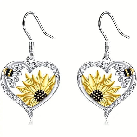 Boucles d'oreilles pendantes Cœur Tournesol et Abeille Boho Vintage