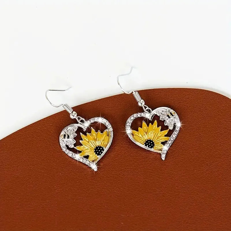 Boucles d'oreilles pendantes Cœur Tournesol et Abeille Boho Vintage