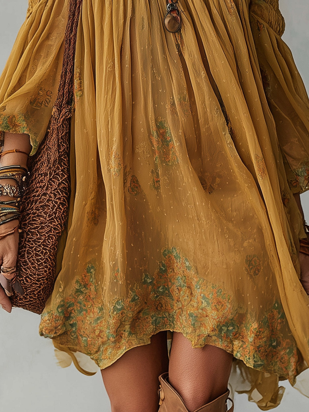 Robe Court Jaune en Chiffon Fleuri
