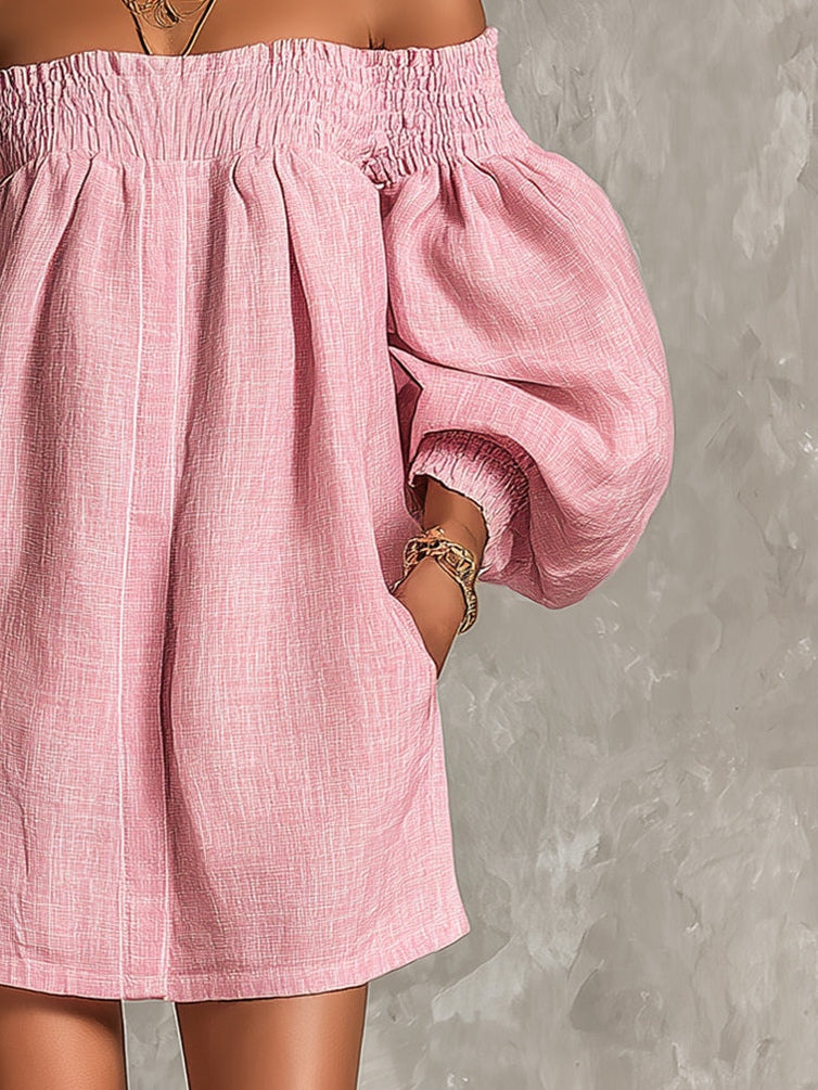 Robe Court à Manches de Lanterne et Épaules Dénudés Rose