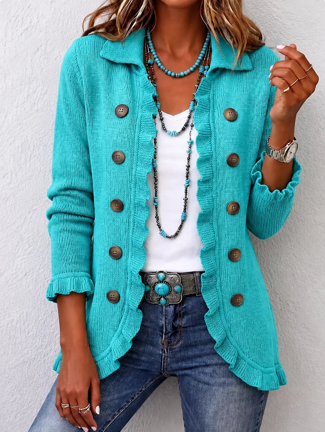 Veste turquoise en maille à volants Pauline