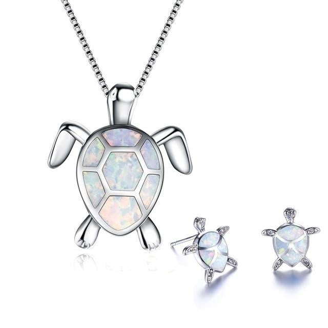 Parure Collier et Boucles d'Oreilles Tortue de Mer en Opale et Argent
