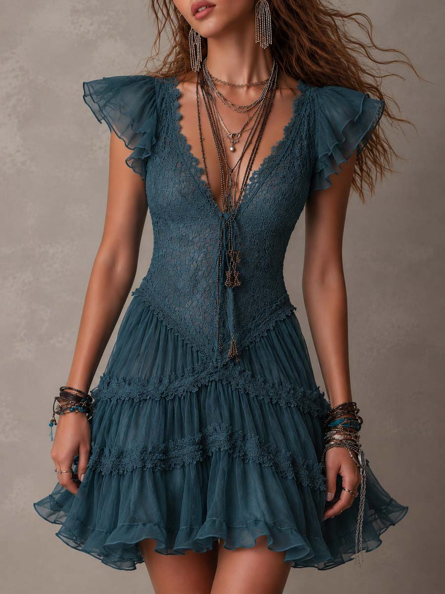 Robe Court Bouclé de Dentelle Bleu Rétro et Chiffon
