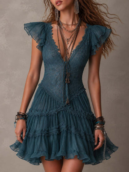 Robe Court Bouclé de Dentelle Bleu Rétro et Chiffon