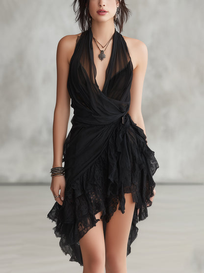 Robe Court Noir à Col Halter de Dentelle et Volants