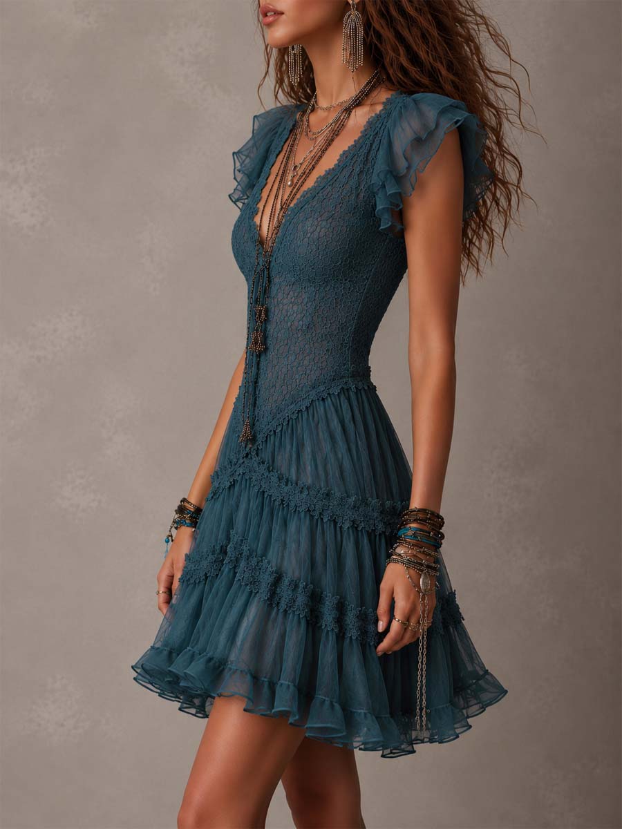 Robe Court Bouclé de Dentelle Bleu Rétro et Chiffon