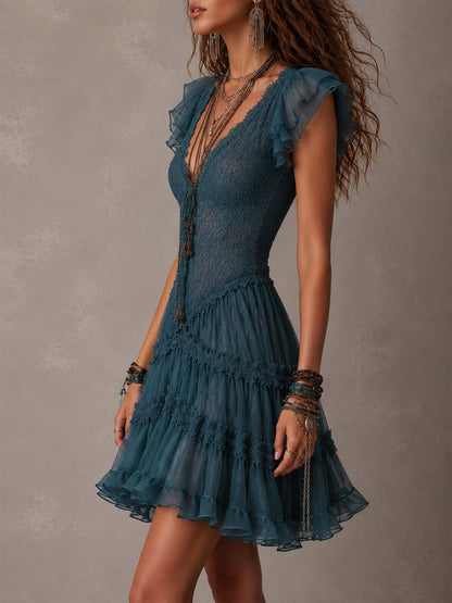 Robe Court Bouclé de Dentelle Bleu Rétro et Chiffon