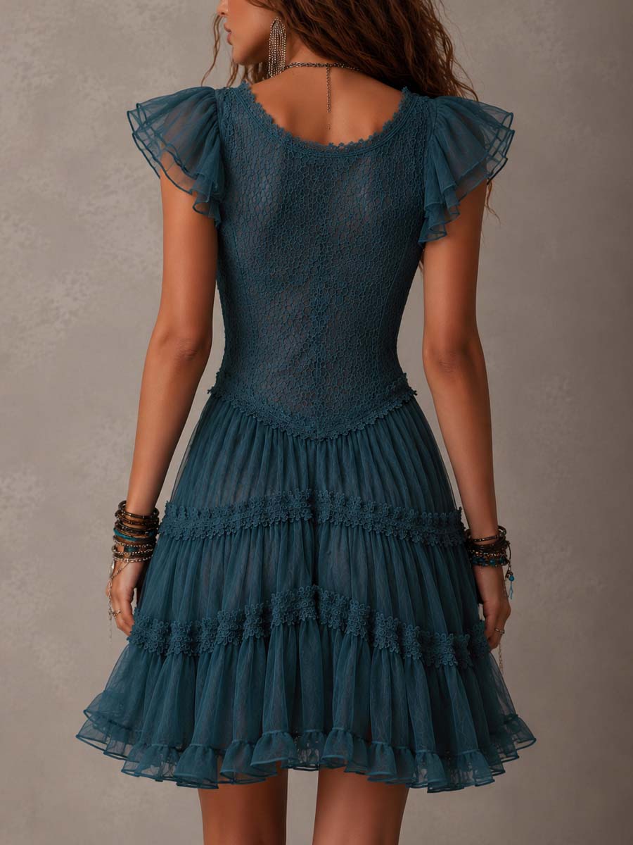 Robe Court Bouclé de Dentelle Bleu Rétro et Chiffon