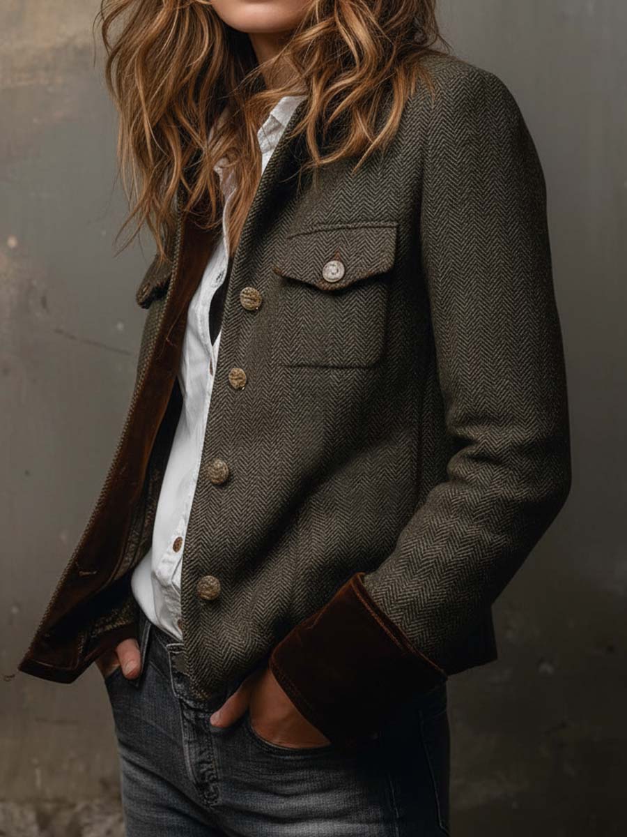 Blazer vintage à chevrons et détails contrastés Honorine