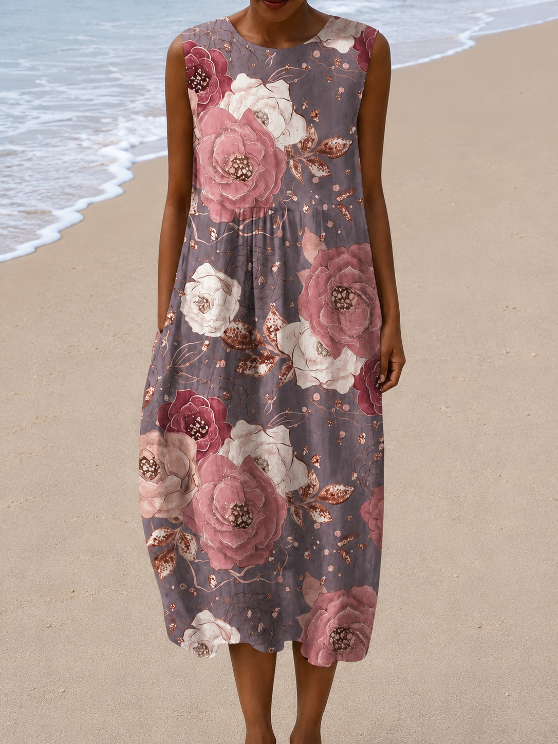 Lorena | Robe Midi Relaxed Sans manches à Imprimé fleuri