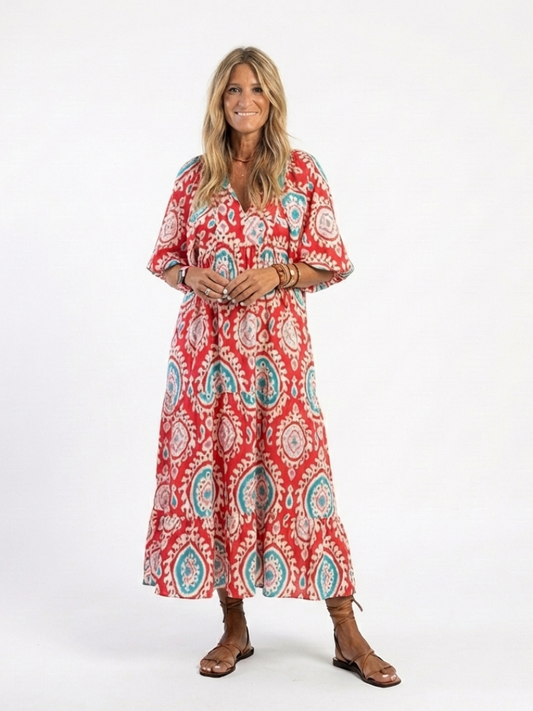 Zaria | Robe Midi de Manche courte à Col en V Imprimé Cachemir