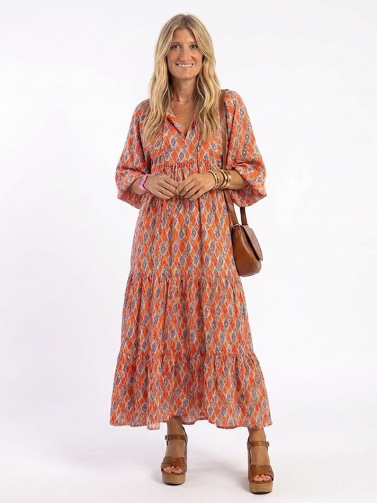Amara | Robe Midi de Volants à Col en V de Imprimé Géométrique