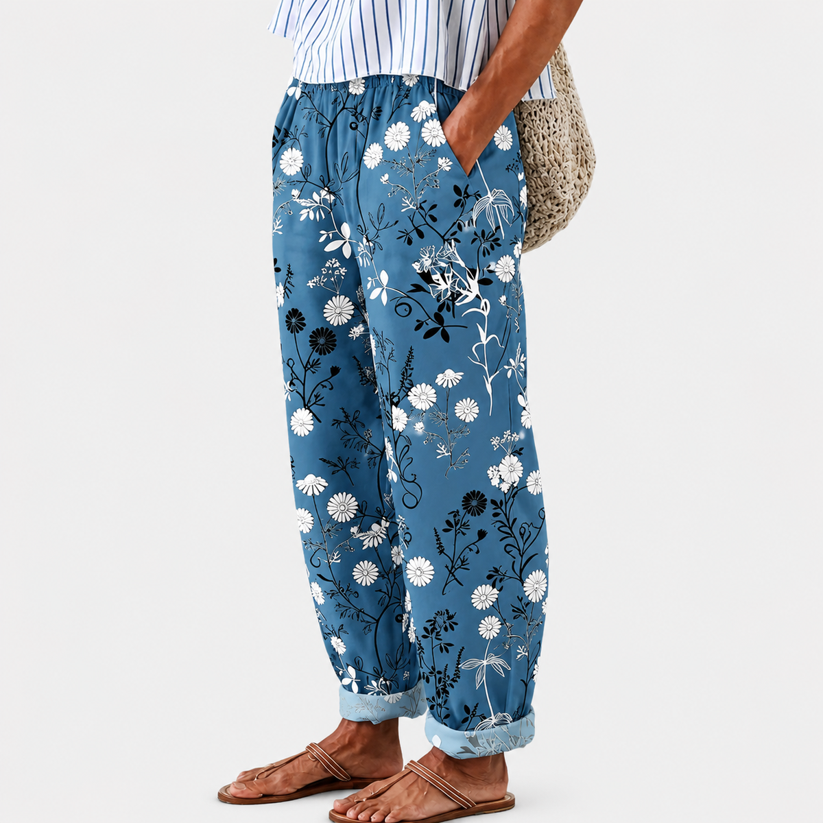 Pantalon Relax Bleus Fleuris