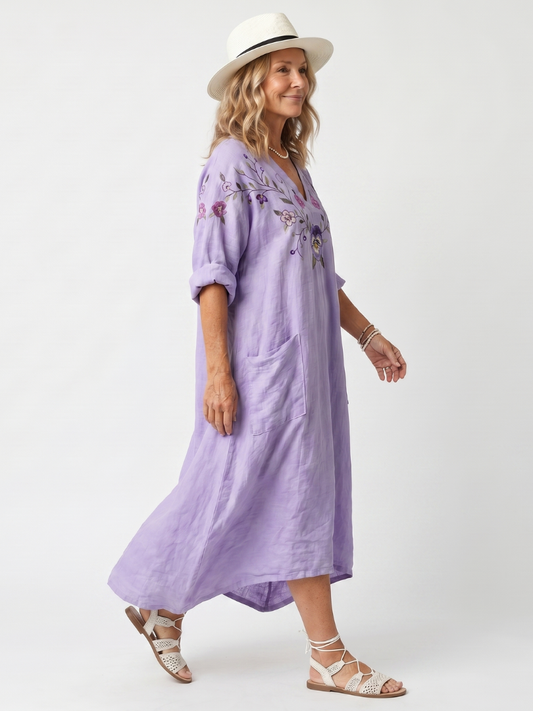 Tavi | Robe Midi Oversize Brodé de Fleurs à poches