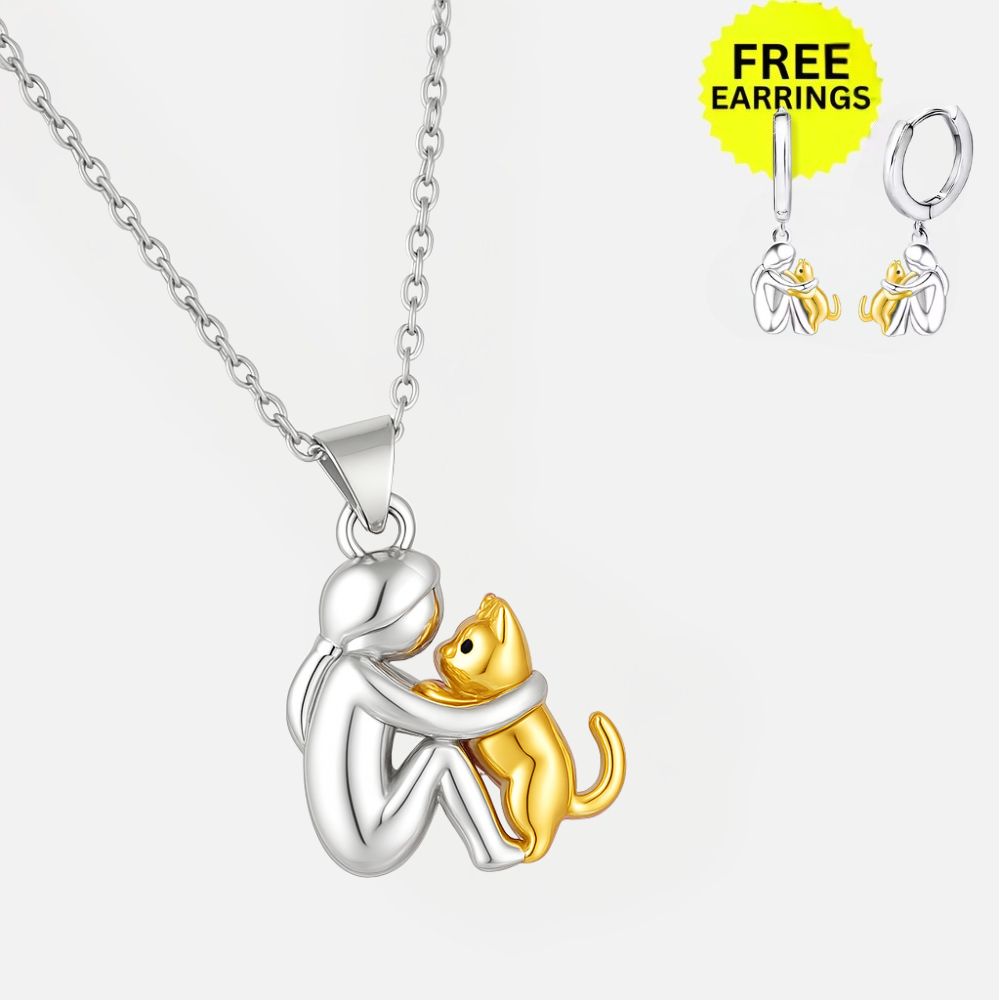 Collier Pendentif Câlin de Chat avec Boucles d'Oreilles Assorties en Cadeau – Offre à Durée Limitée