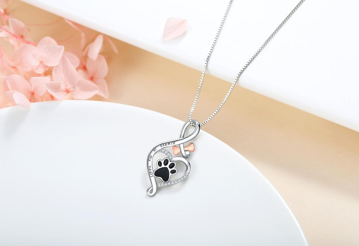 Collier Patte de Chien Chanceuse avec Cœur, Os et Infini – Pendentif « Toujours dans Mon Cœur »