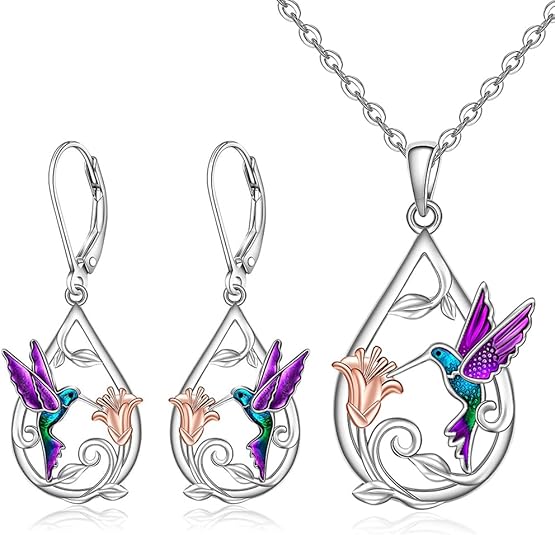 Magnifique collier colibri pour femme avec boucles d'oreilles offertes