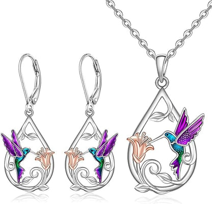 Magnifique collier colibri pour femme avec boucles d'oreilles offertes
