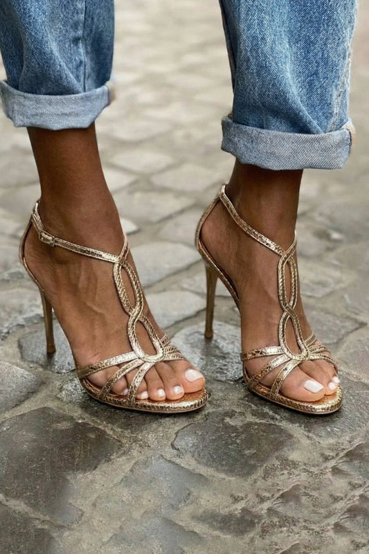 Talons hauts Or champagne à boucle de cheville et brides