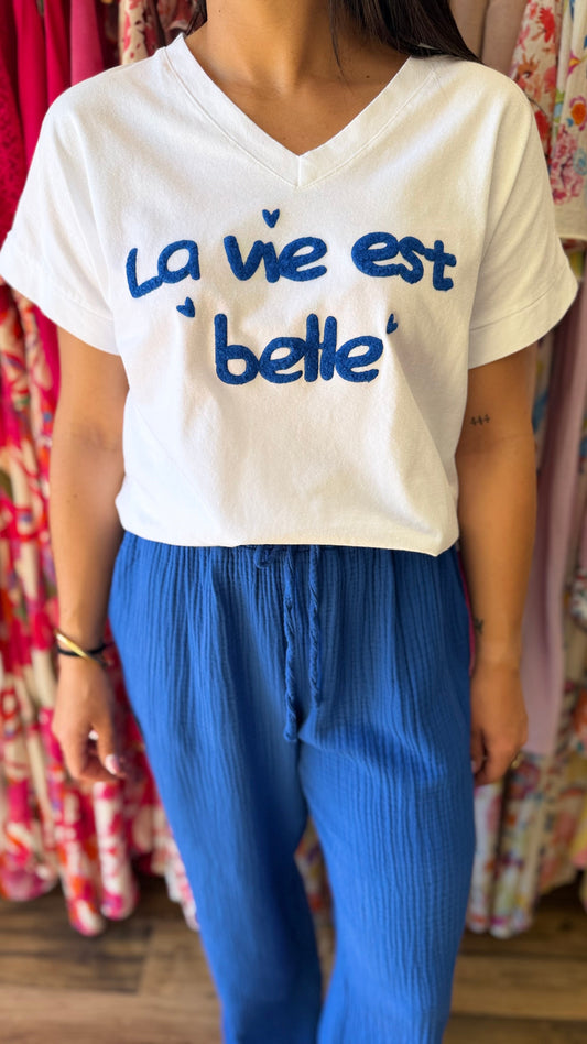 T-shirt la vida es bella bleu Curvy