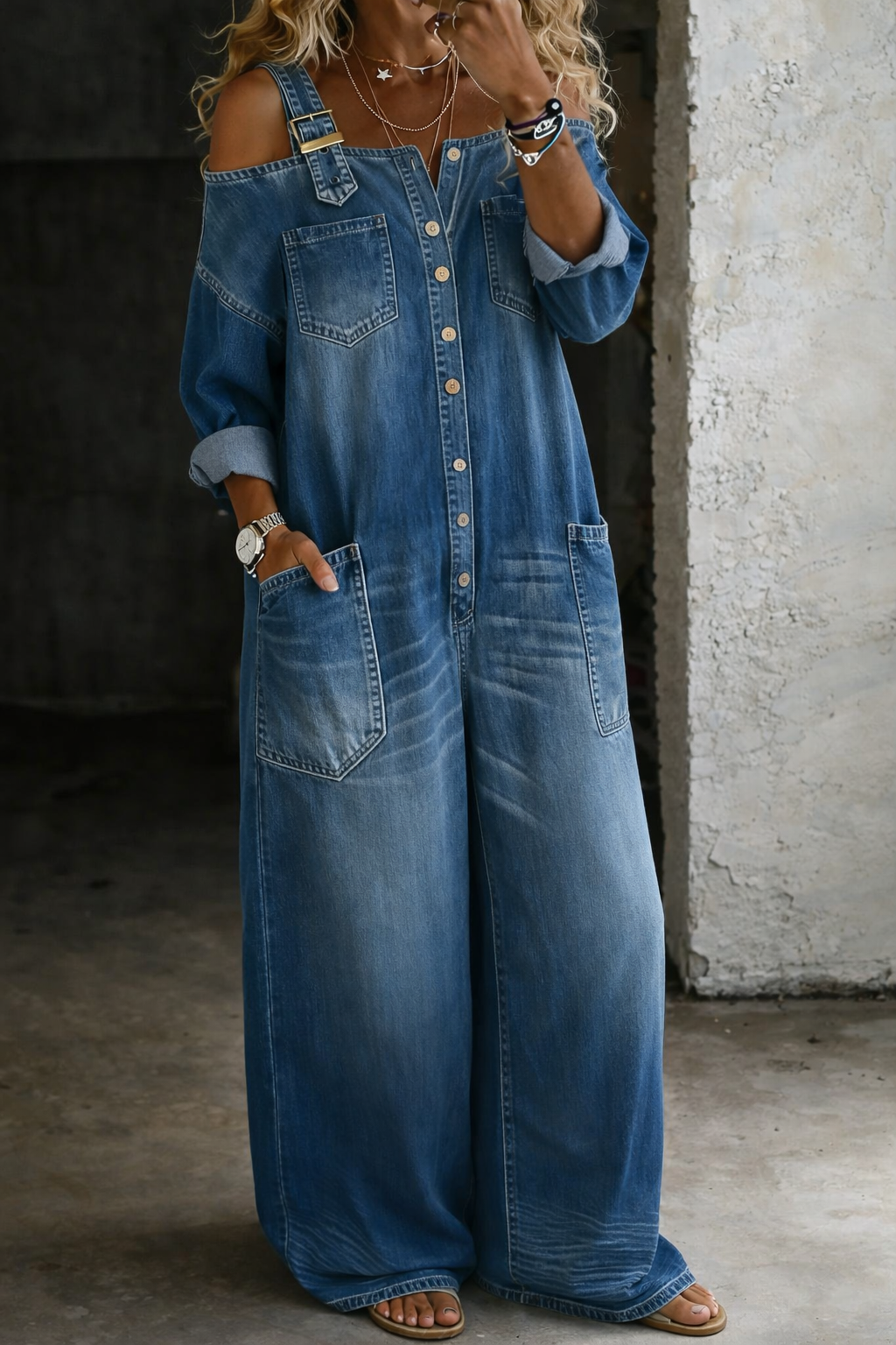 Stephanie | Combinaison en denim à épaules dénudées