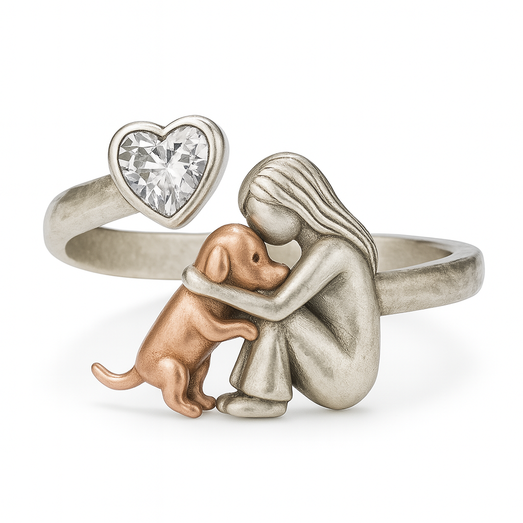 Bague Chien Faite Main en Argent Sterling 925 avec Zirconium Cœur – Taille Ajustable