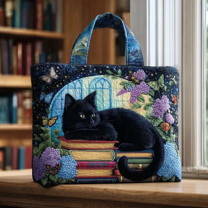 Sac cabas matelassé - Chat noir sur des livres