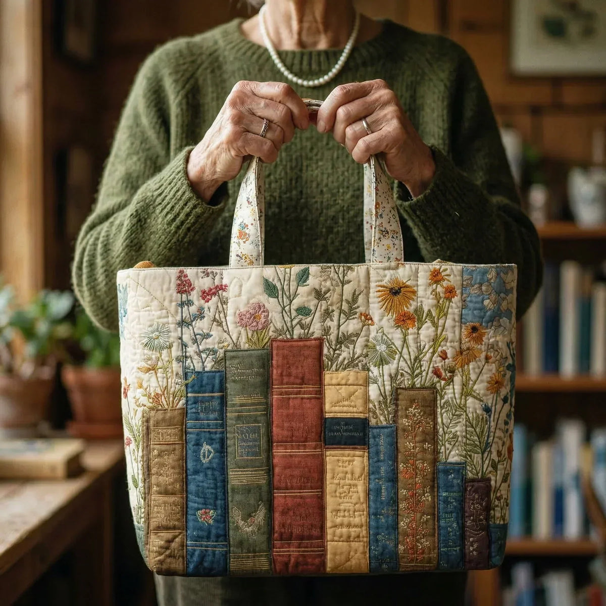 Sac cabas matelassé - Livres et fleurs sauvages