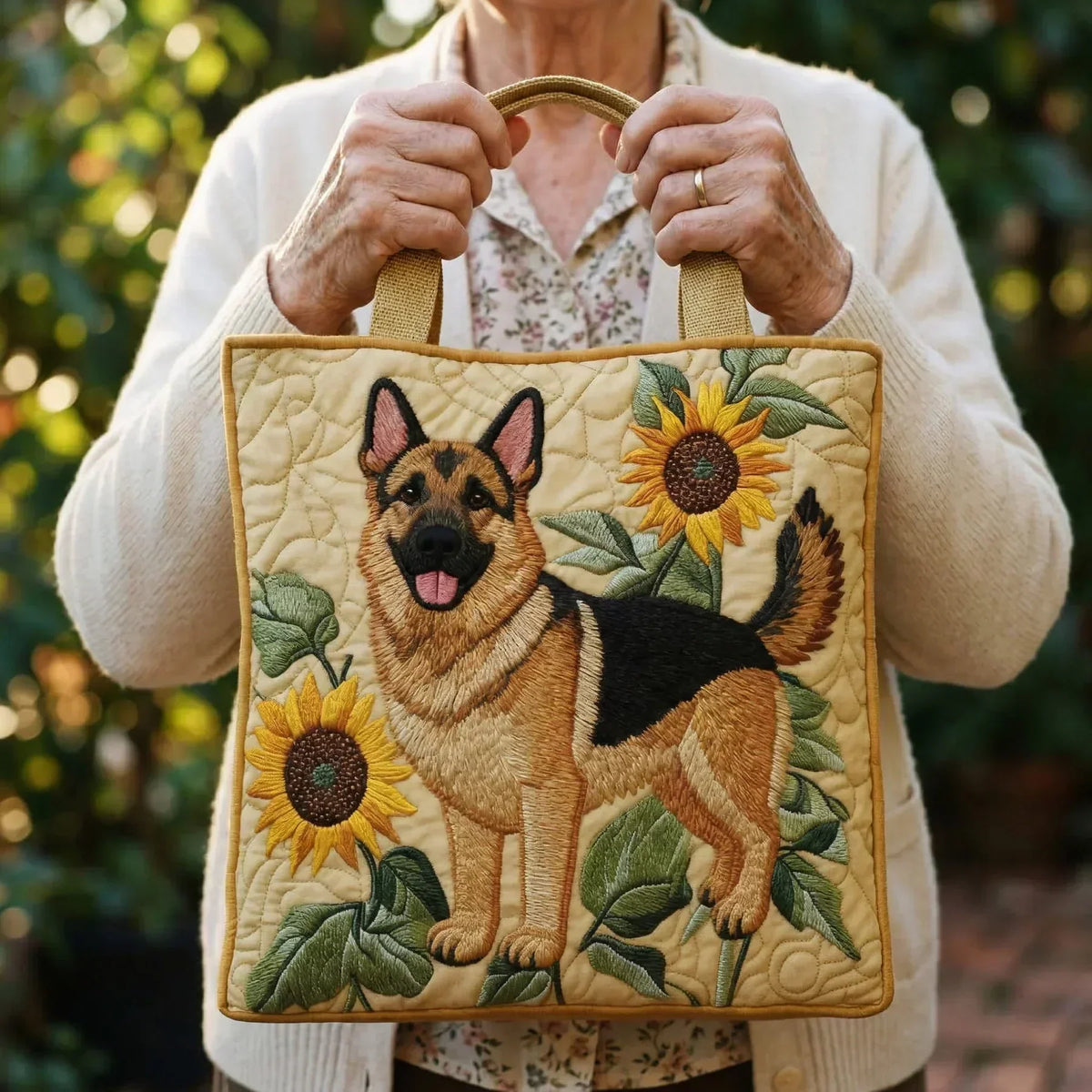 Sac fourre-tout matelassé - Berger allemand avec tournesols