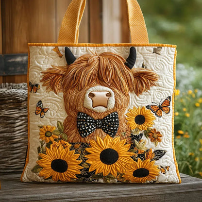 Sac cabas matelassé - Vache Highland avec tournesols