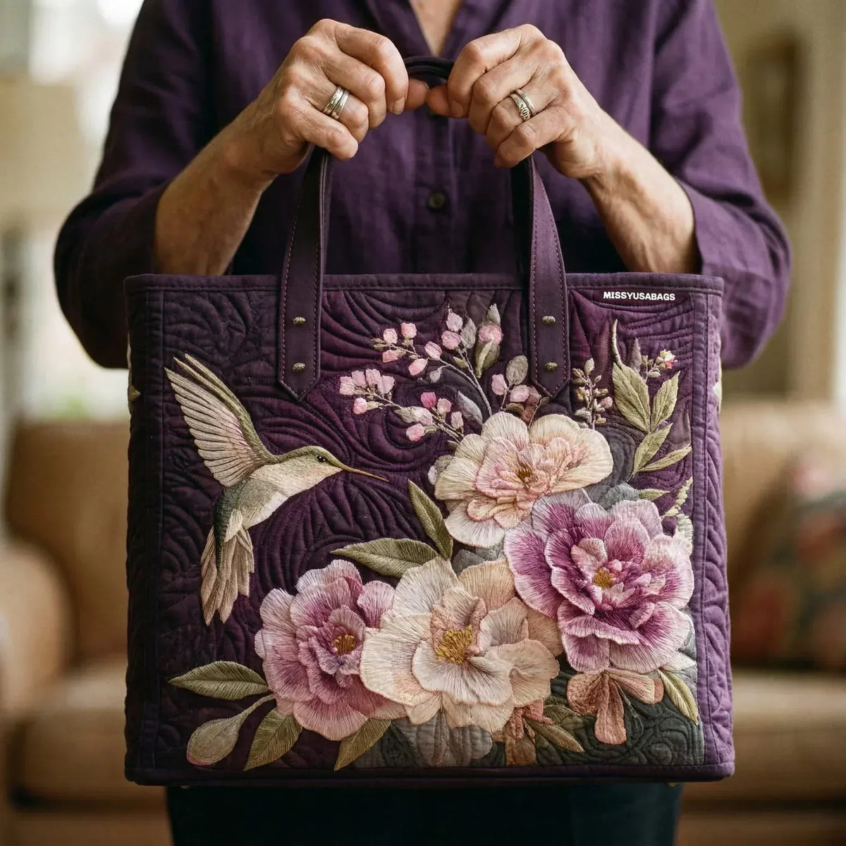 Sac fourre-tout matelassé - Colibri et fleurs roses