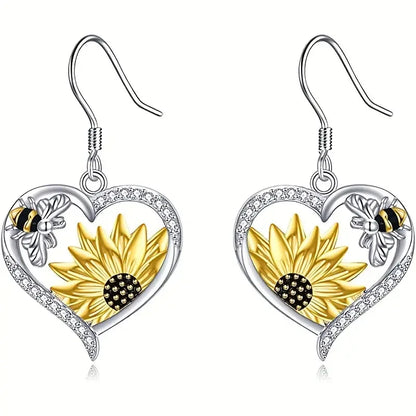 Boucles d'oreilles pendantes Cœur Tournesol et Abeille Boho Vintage