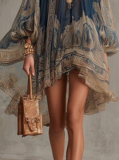 Robe Court à imprimé Baroque Bleu marine et Col Haut