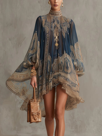 Robe Court à imprimé Baroque Bleu marine et Col Haut