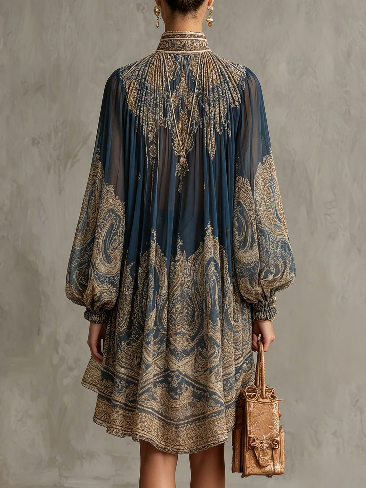 Robe Court à imprimé Baroque Bleu marine et Col Haut
