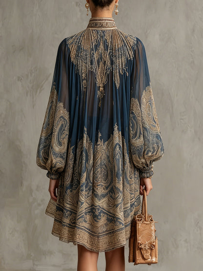 Robe Court à imprimé Baroque Bleu marine et Col Haut