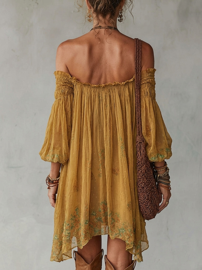 Robe Court Jaune en Chiffon Fleuri