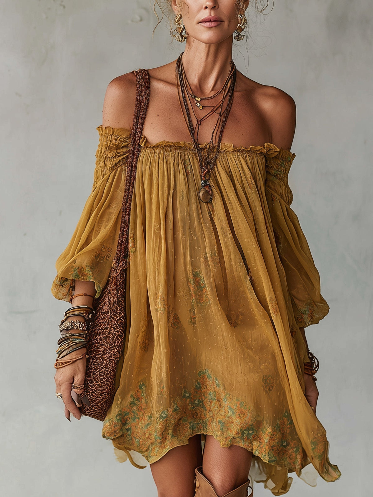 Robe Court Jaune en Chiffon Fleuri