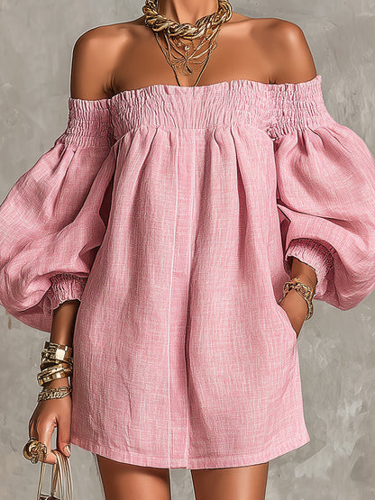 Robe Court à Manches de Lanterne et Épaules Dénudés Rose
