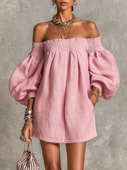 Robe Court à Manches de Lanterne et Épaules Dénudés Rose
