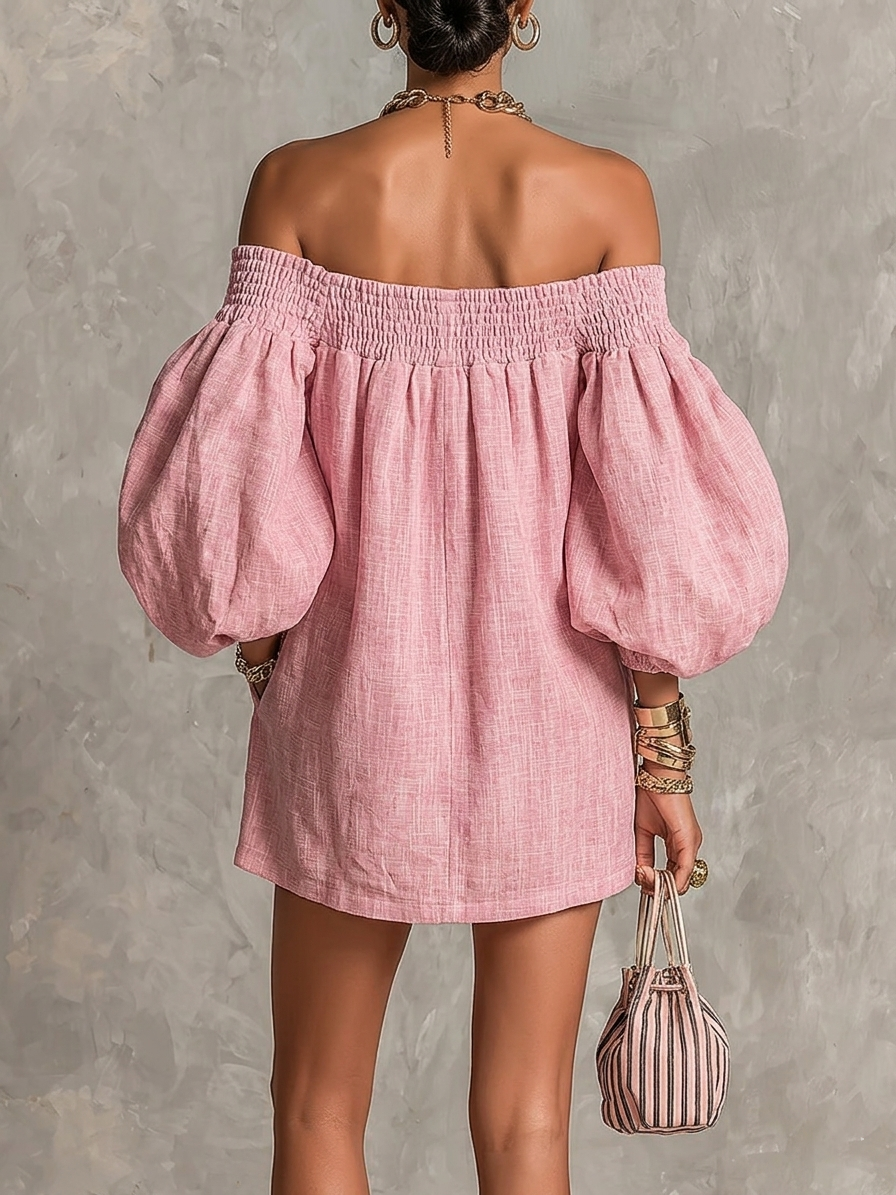 Robe Court à Manches de Lanterne et Épaules Dénudés Rose