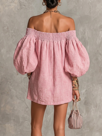 Robe Court à Manches de Lanterne et Épaules Dénudés Rose