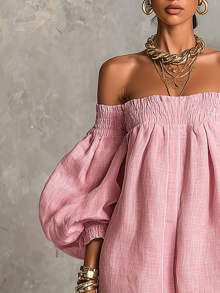 Robe Court à Manches de Lanterne et Épaules Dénudés Rose